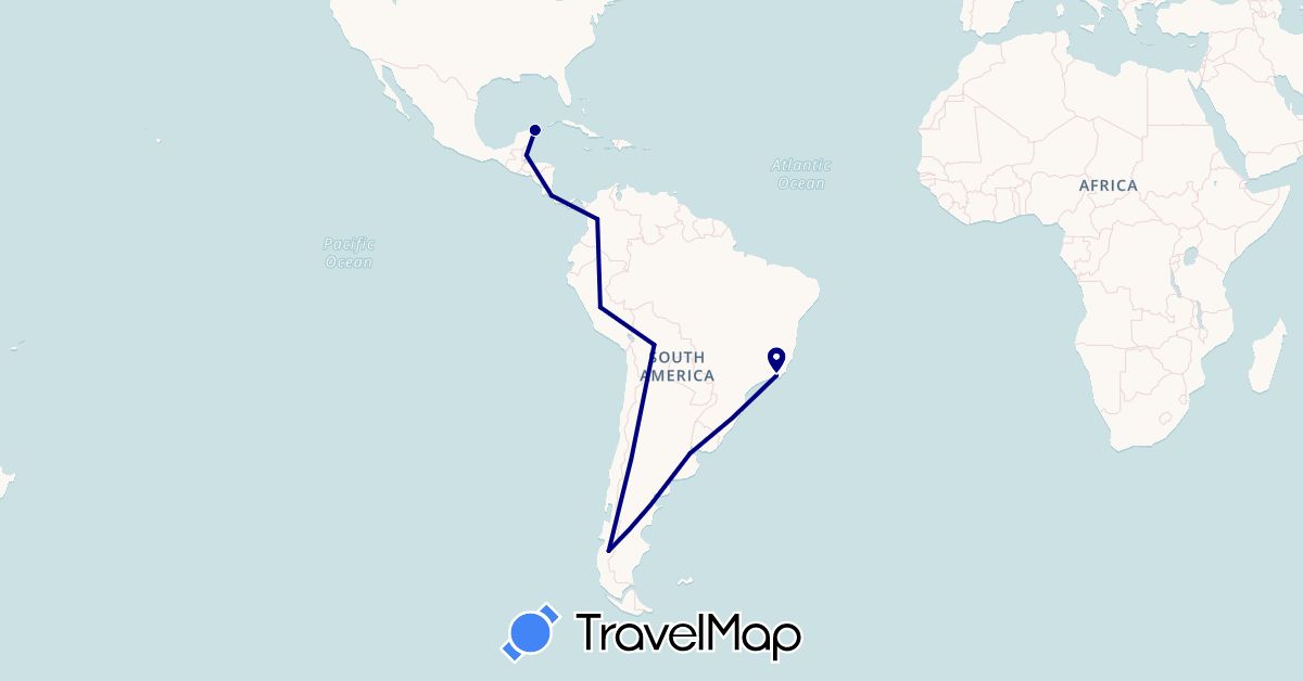 TravelMap itinerary: driving in Argentina, Bolivia, Brazil, Belize, Chile, Colombia, Costa Rica, Mexico, Peru (North America, South America)